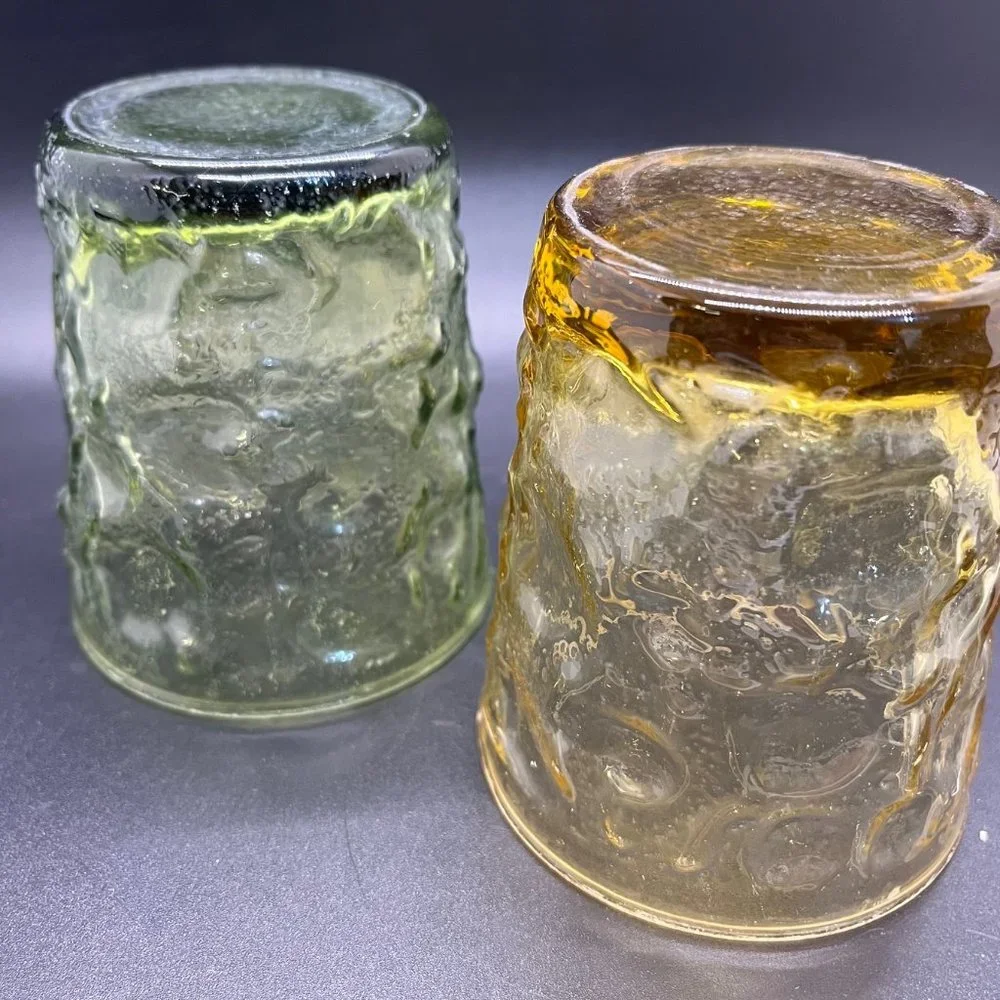 (2) Anchor Hocking Milano Crinkle Honey Gold Amber & Green 7oz Short Rocks Glass
